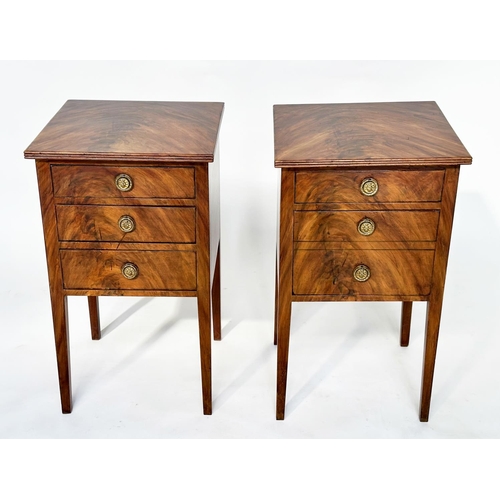 114 - BEDSIDE CHESTS, a pair, Georgian style figured mahogany each with three drawers, 40cm W x 38cm D x 6... 