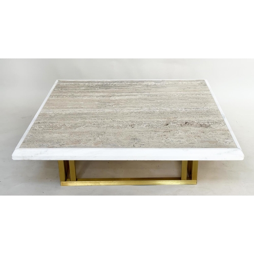 128 - LOW TABLE, square moulded edged Italian Travertine marble raised upon gilt metal base, 112cm x 112cm... 