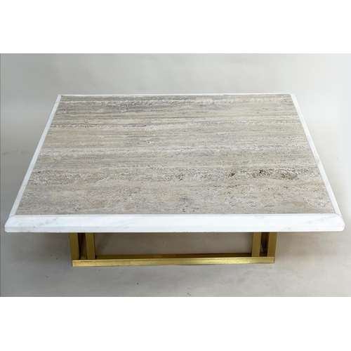 128 - LOW TABLE, square moulded edged Italian Travertine marble raised upon gilt metal base, 112cm x 112cm... 