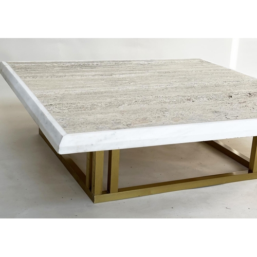 128 - LOW TABLE, square moulded edged Italian Travertine marble raised upon gilt metal base, 112cm x 112cm... 