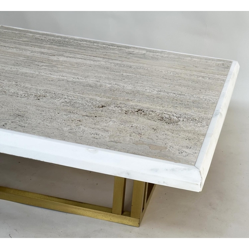 128 - LOW TABLE, square moulded edged Italian Travertine marble raised upon gilt metal base, 112cm x 112cm... 