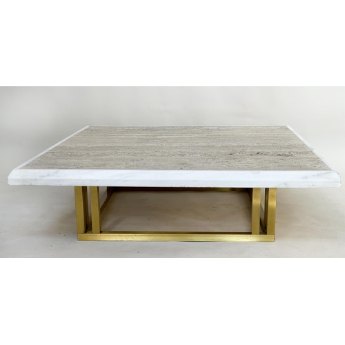 128 - LOW TABLE, square moulded edged Italian Travertine marble raised upon gilt metal base, 112cm x 112cm... 