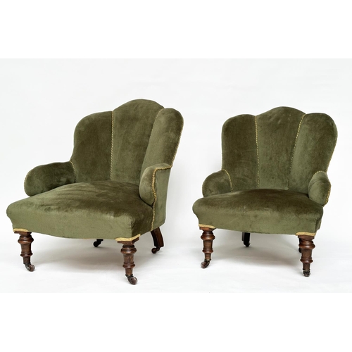 124 - ART DECO ARMCHAIRS, a pair, early 20th century walnut with contrast piped soft green velvet upholste... 