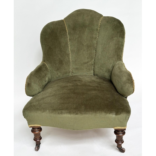 124 - ART DECO ARMCHAIRS, a pair, early 20th century walnut with contrast piped soft green velvet upholste... 