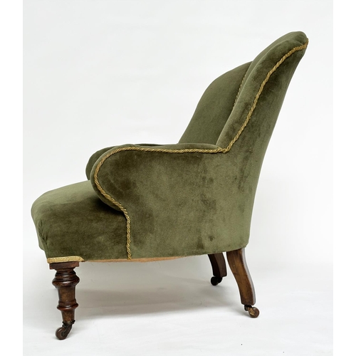 124 - ART DECO ARMCHAIRS, a pair, early 20th century walnut with contrast piped soft green velvet upholste... 