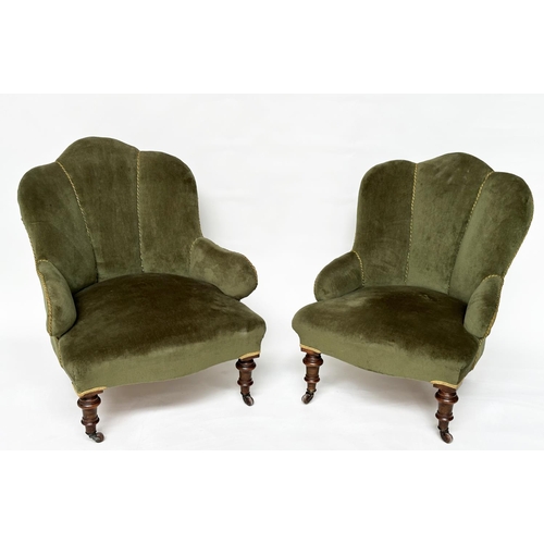 124 - ART DECO ARMCHAIRS, a pair, early 20th century walnut with contrast piped soft green velvet upholste... 