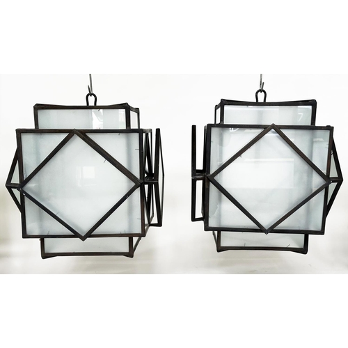 125 - HALL LANTERNS, a pair, Art Deco style, iron framed and frosted glass, 60cm H x 52cm W. (2)