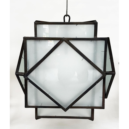 125 - HALL LANTERNS, a pair, Art Deco style, iron framed and frosted glass, 60cm H x 52cm W. (2)