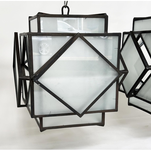 125 - HALL LANTERNS, a pair, Art Deco style, iron framed and frosted glass, 60cm H x 52cm W. (2)