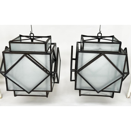 125 - HALL LANTERNS, a pair, Art Deco style, iron framed and frosted glass, 60cm H x 52cm W. (2)