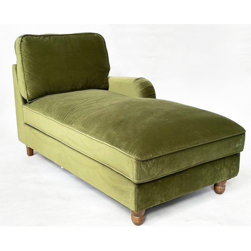 111 - CHAISE LONGUE, moss green velvet upholstered, 93cm H x 157cm W x 84cm D.