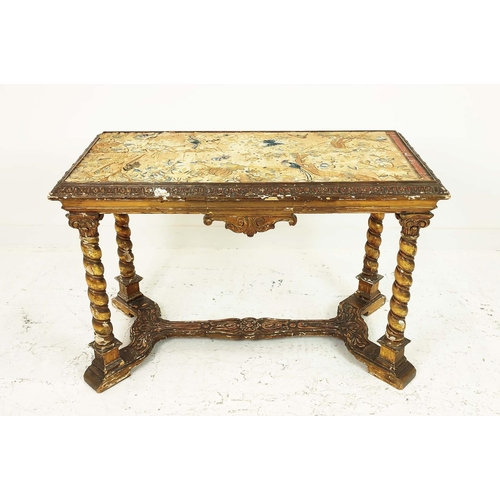 438 - CENTRE TABLE, 18th century Continental giltwood with silk textile top, 75cm H x 115cm x 59cm.