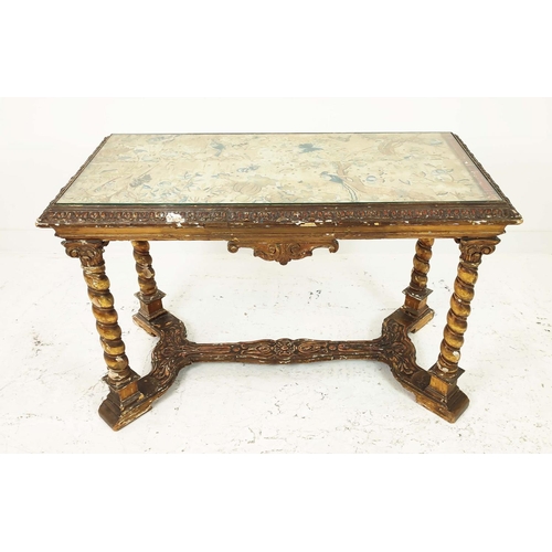 438 - CENTRE TABLE, 18th century Continental giltwood with silk textile top, 75cm H x 115cm x 59cm.