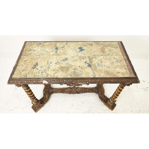 438 - CENTRE TABLE, 18th century Continental giltwood with silk textile top, 75cm H x 115cm x 59cm.