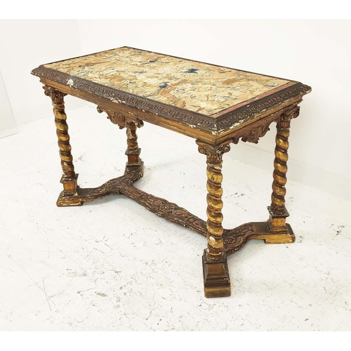 438 - CENTRE TABLE, 18th century Continental giltwood with silk textile top, 75cm H x 115cm x 59cm.