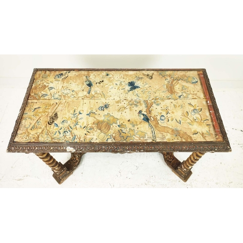 438 - CENTRE TABLE, 18th century Continental giltwood with silk textile top, 75cm H x 115cm x 59cm.