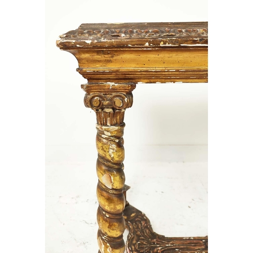 438 - CENTRE TABLE, 18th century Continental giltwood with silk textile top, 75cm H x 115cm x 59cm.