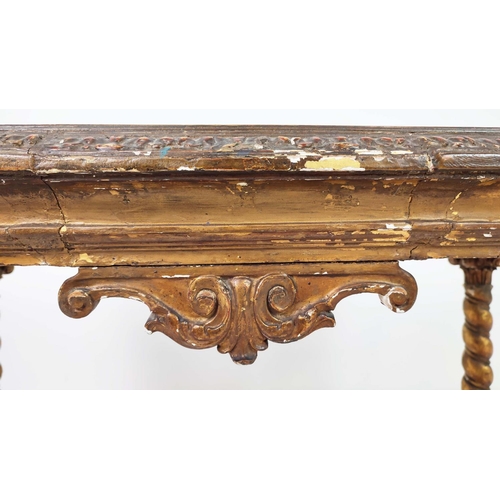 438 - CENTRE TABLE, 18th century Continental giltwood with silk textile top, 75cm H x 115cm x 59cm.