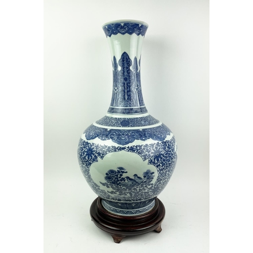 1 - BOTTLE VASE, Chinese blue and white, with ornate scrolling foliate decoration and cartouches with pe... 