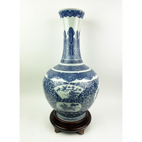 1 - BOTTLE VASE, Chinese blue and white, with ornate scrolling foliate decoration and cartouches with pe... 