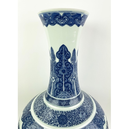 1 - BOTTLE VASE, Chinese blue and white, with ornate scrolling foliate decoration and cartouches with pe... 