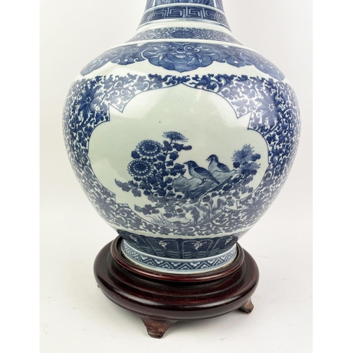 1 - BOTTLE VASE, Chinese blue and white, with ornate scrolling foliate decoration and cartouches with pe... 