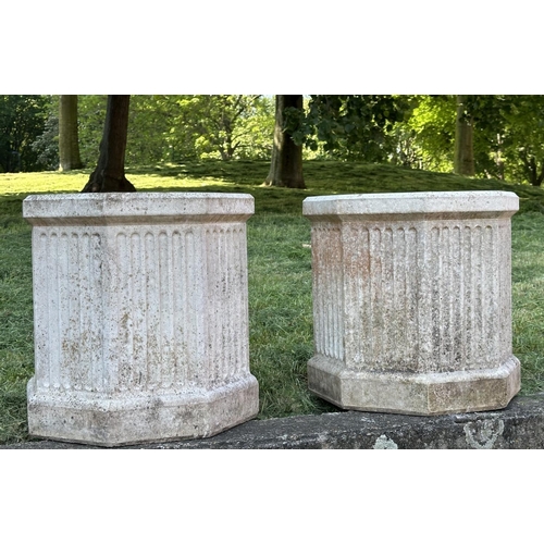 101 - GARDEN PLANTERS, a pair, well weathered reconstituted stone octagonal with fluted sides, 52cm H x 52... 