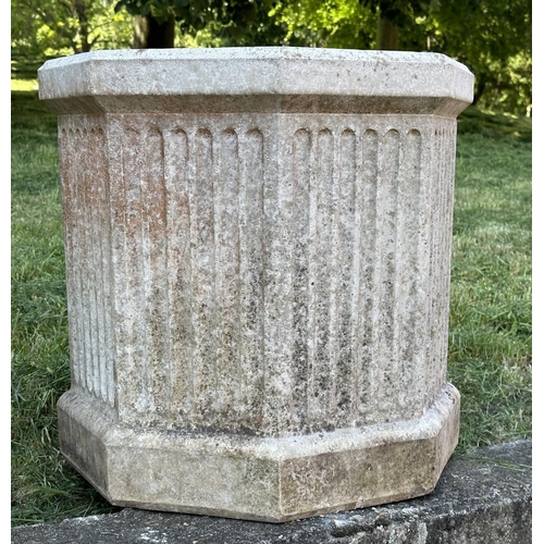 101 - GARDEN PLANTERS, a pair, well weathered reconstituted stone octagonal with fluted sides, 52cm H x 52... 