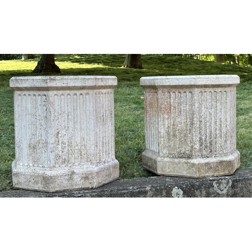 101 - GARDEN PLANTERS, a pair, well weathered reconstituted stone octagonal with fluted sides, 52cm H x 52... 