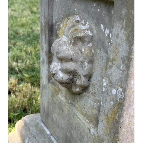 105 - GARDEN PLINTH/PLANTER, well weather reconstituted stone square form with lion mask detail and separa... 