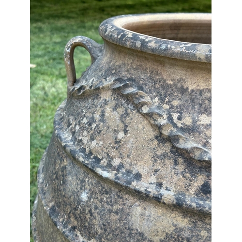 107 - GARDEN/OLIVE JAR AMPHORA, large vintage well weathered terracotta with handles, swags and ridges, 87... 