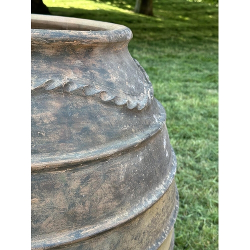 107 - GARDEN/OLIVE JAR AMPHORA, large vintage well weathered terracotta with handles, swags and ridges, 87... 