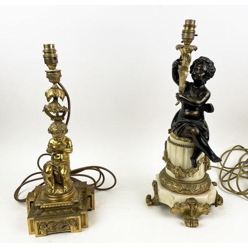 11 - LAMPS, two neo-classical style bronze and gilt bronze putti, with silk shades. (2)