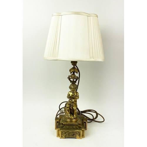 11 - LAMPS, two neo-classical style bronze and gilt bronze putti, with silk shades. (2)