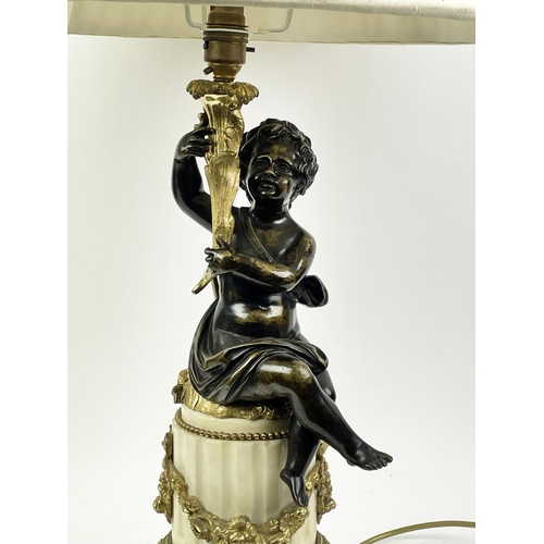 11 - LAMPS, two neo-classical style bronze and gilt bronze putti, with silk shades. (2)