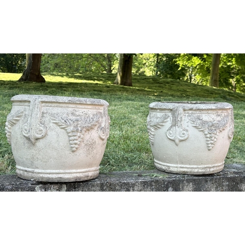 110 - GARDEN PLANTERS, a pair, well weathered reconstituted stone and lime wash of urn form with swag and ... 