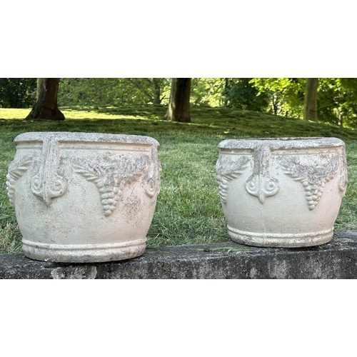 110 - GARDEN PLANTERS, a pair, well weathered reconstituted stone and lime wash of urn form with swag and ... 