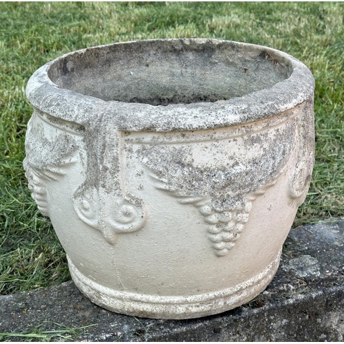 110 - GARDEN PLANTERS, a pair, well weathered reconstituted stone and lime wash of urn form with swag and ... 