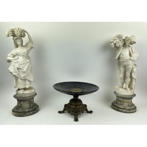 12 - ALABASTER FIGURES, a pair, 19th century on grey marble bases, with black marble and bronze tazza and... 