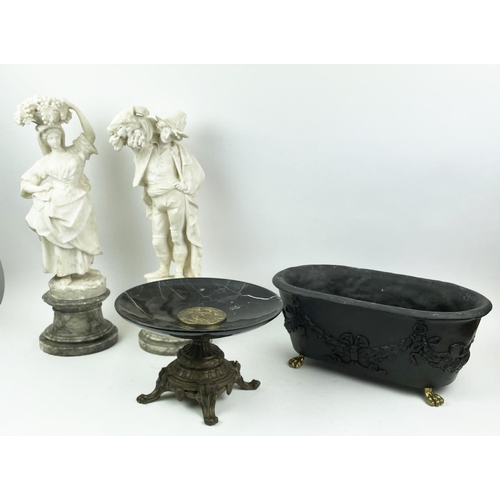 12 - ALABASTER FIGURES, a pair, 19th century on grey marble bases, with black marble and bronze tazza and... 