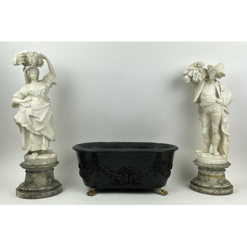 12 - ALABASTER FIGURES, a pair, 19th century on grey marble bases, with black marble and bronze tazza and... 