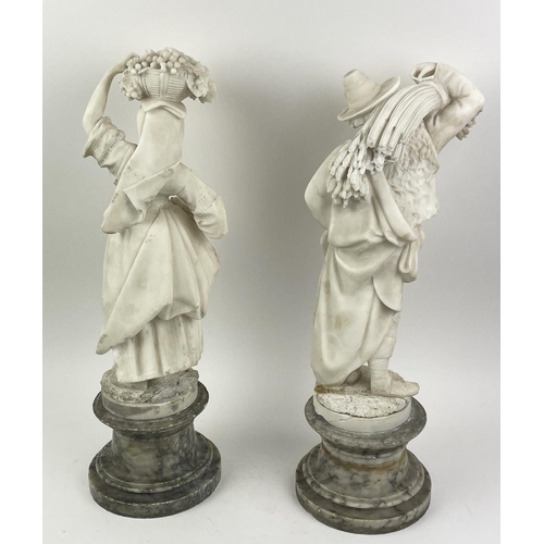 12 - ALABASTER FIGURES, a pair, 19th century on grey marble bases, with black marble and bronze tazza and... 