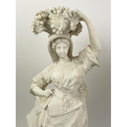 12 - ALABASTER FIGURES, a pair, 19th century on grey marble bases, with black marble and bronze tazza and... 