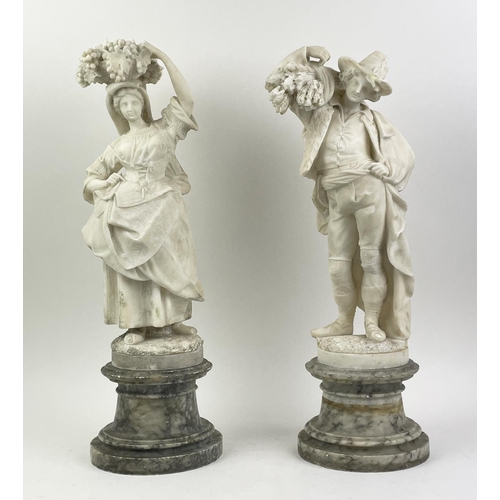 12 - ALABASTER FIGURES, a pair, 19th century on grey marble bases, with black marble and bronze tazza and... 