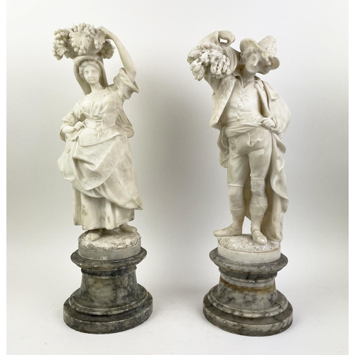 12 - ALABASTER FIGURES, a pair, 19th century on grey marble bases, with black marble and bronze tazza and... 