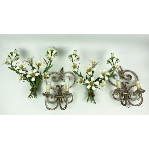 2 - WALL LIGHTS, two pairs, one mid-century Italian toleware flower bouquets, the other twin branch scro... 