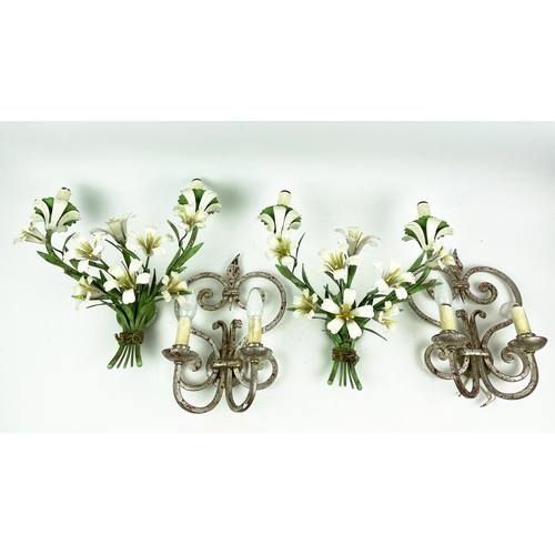 2 - WALL LIGHTS, two pairs, one mid-century Italian toleware flower bouquets, the other twin branch scro... 