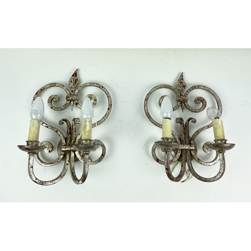 2 - WALL LIGHTS, two pairs, one mid-century Italian toleware flower bouquets, the other twin branch scro... 