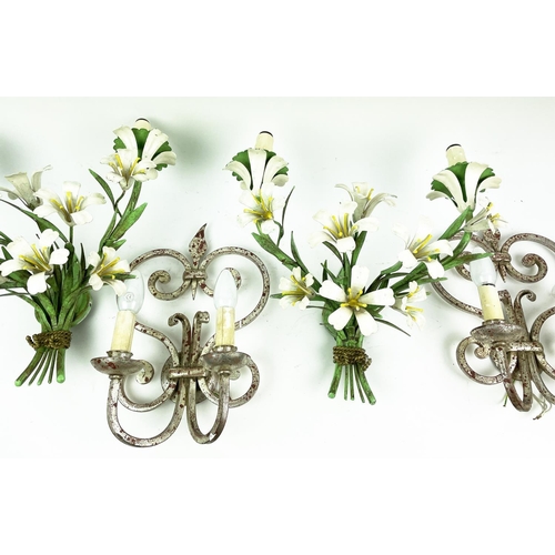 2 - WALL LIGHTS, two pairs, one mid-century Italian toleware flower bouquets, the other twin branch scro... 