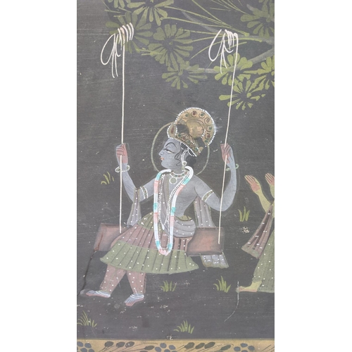 21 - GOUACHE ON PAPER, Indian figurative scene, 59cm x 182cm, an ebony carved panel on red silk, 24cm x 1... 